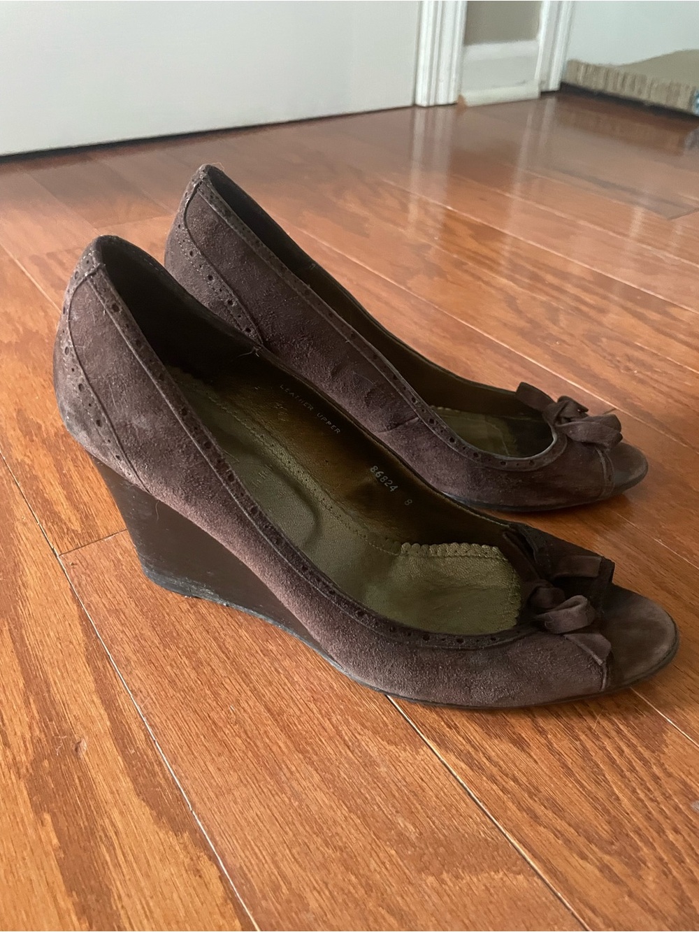 J. Crew Dark Brown Suede Peep-Toe Wedge Pumps with Bow